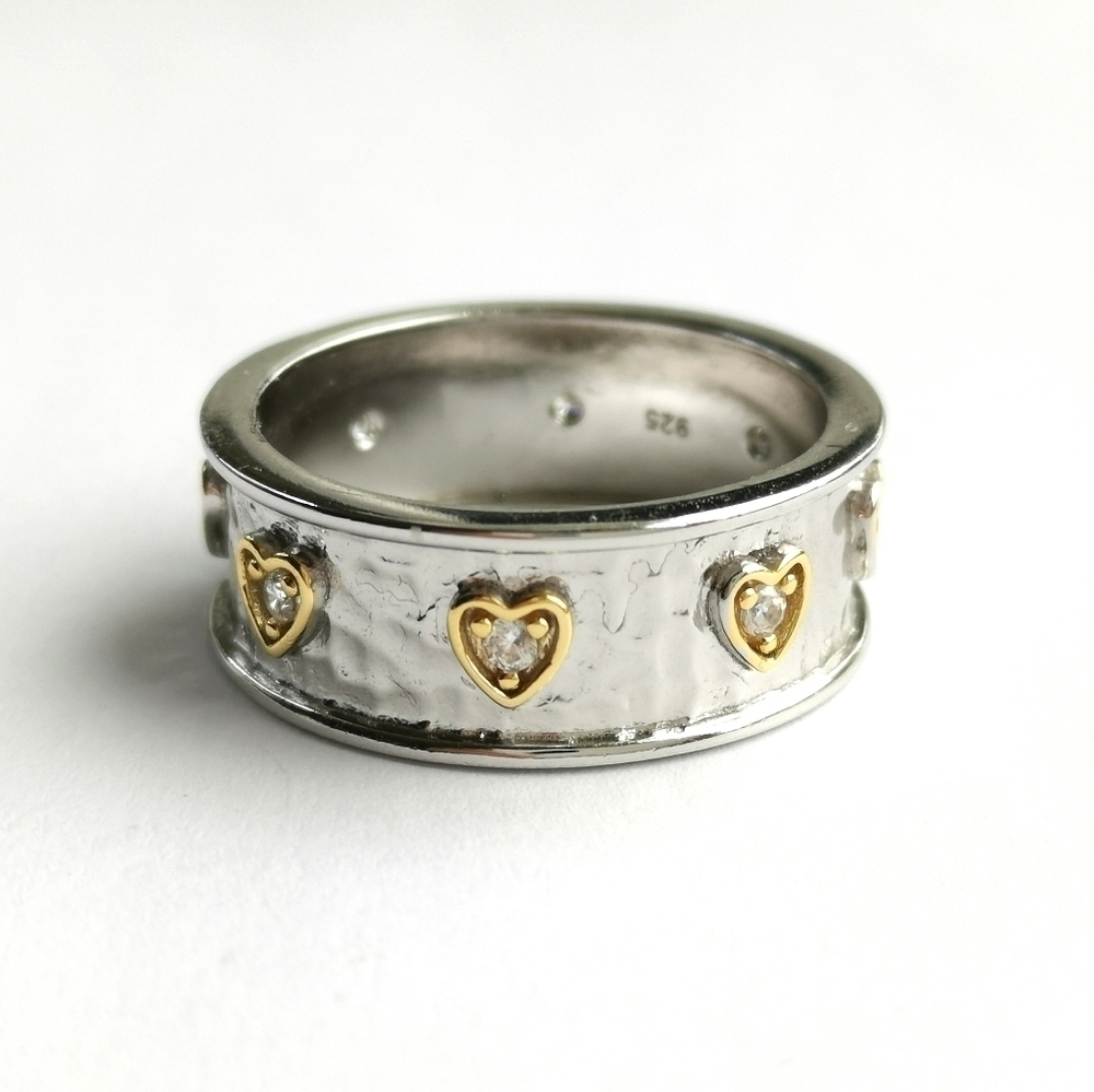 Hammered sterling silver 14k gold accent white sapphire eternity ring